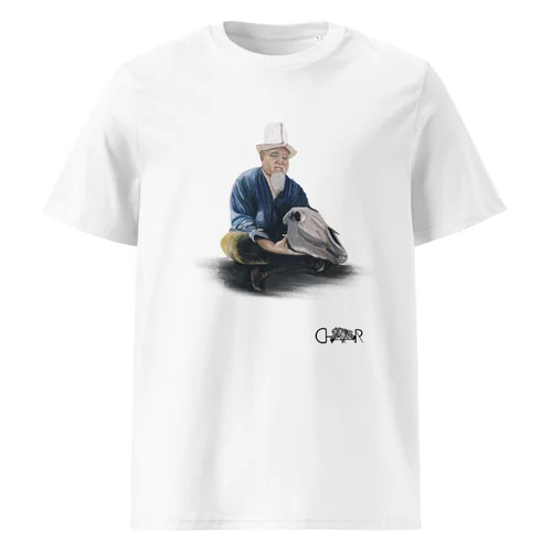 White T-shirt printed with Marie Laure Fromenteil's pastel of Tolubai Synchy, the blind horseman, seated with a horse skull
