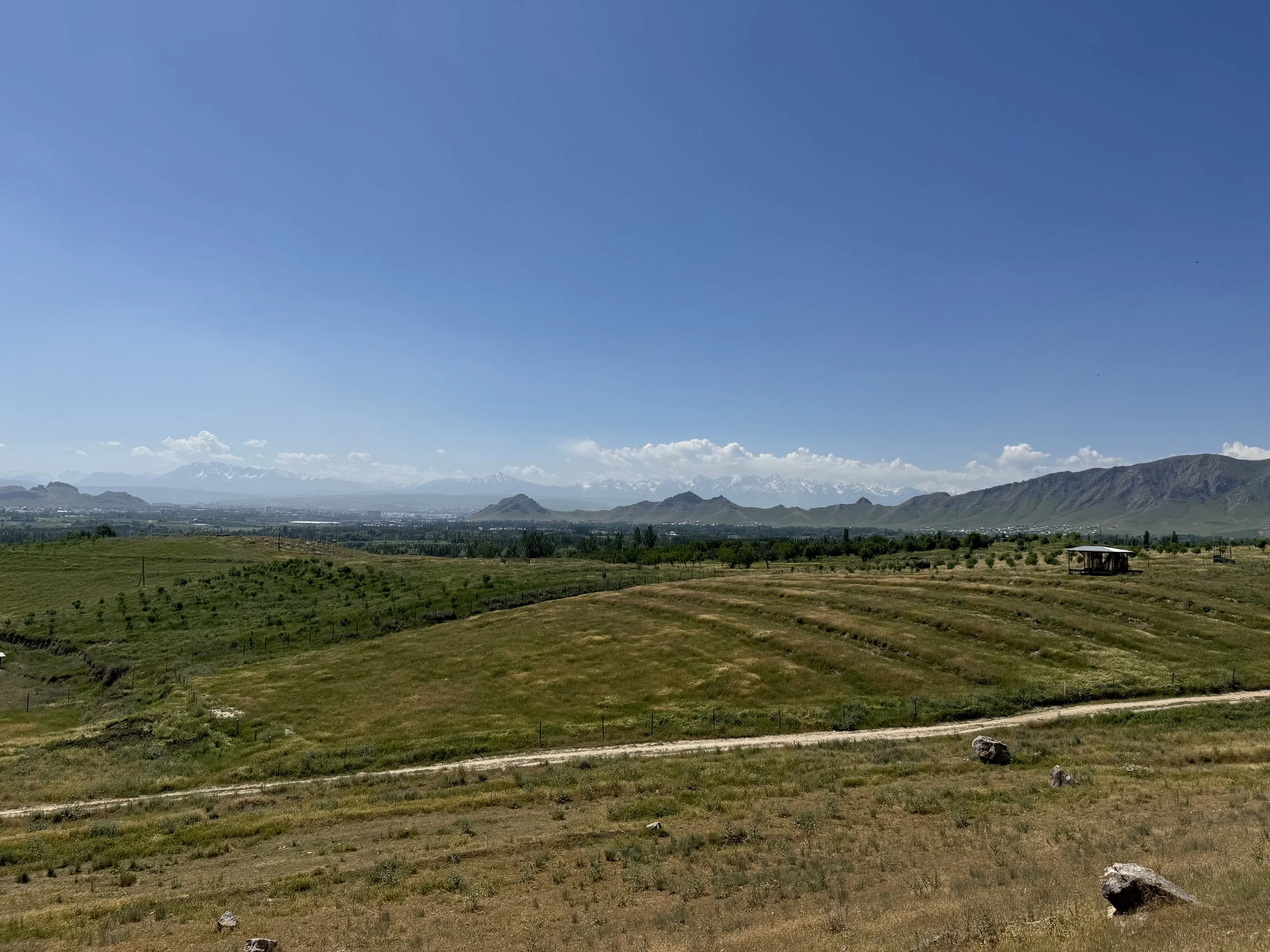 A wide valley of farmland stretches toward distant mountains