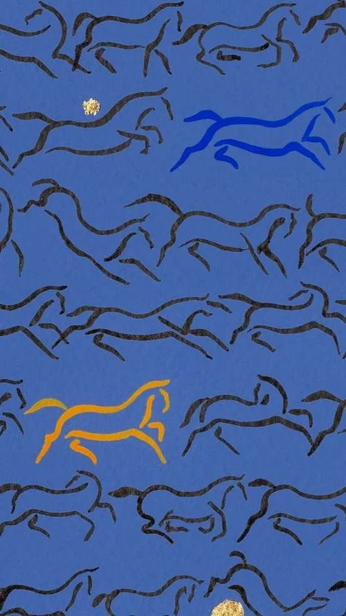 Detail of Alice Shirley's painting: black and gold horses running across a blue ground