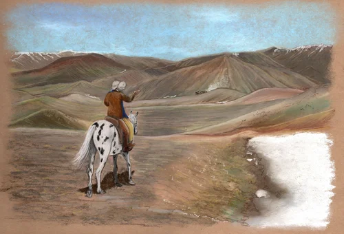 Marie Laure Fromenteil pastel: a horseman on a spotted horse riding out into wide Kyrgyz hills