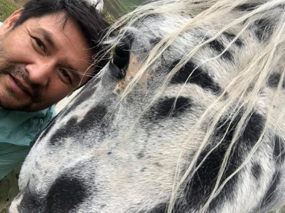 Un homme pose joue contre joue avec un cheval Chaar tacheté