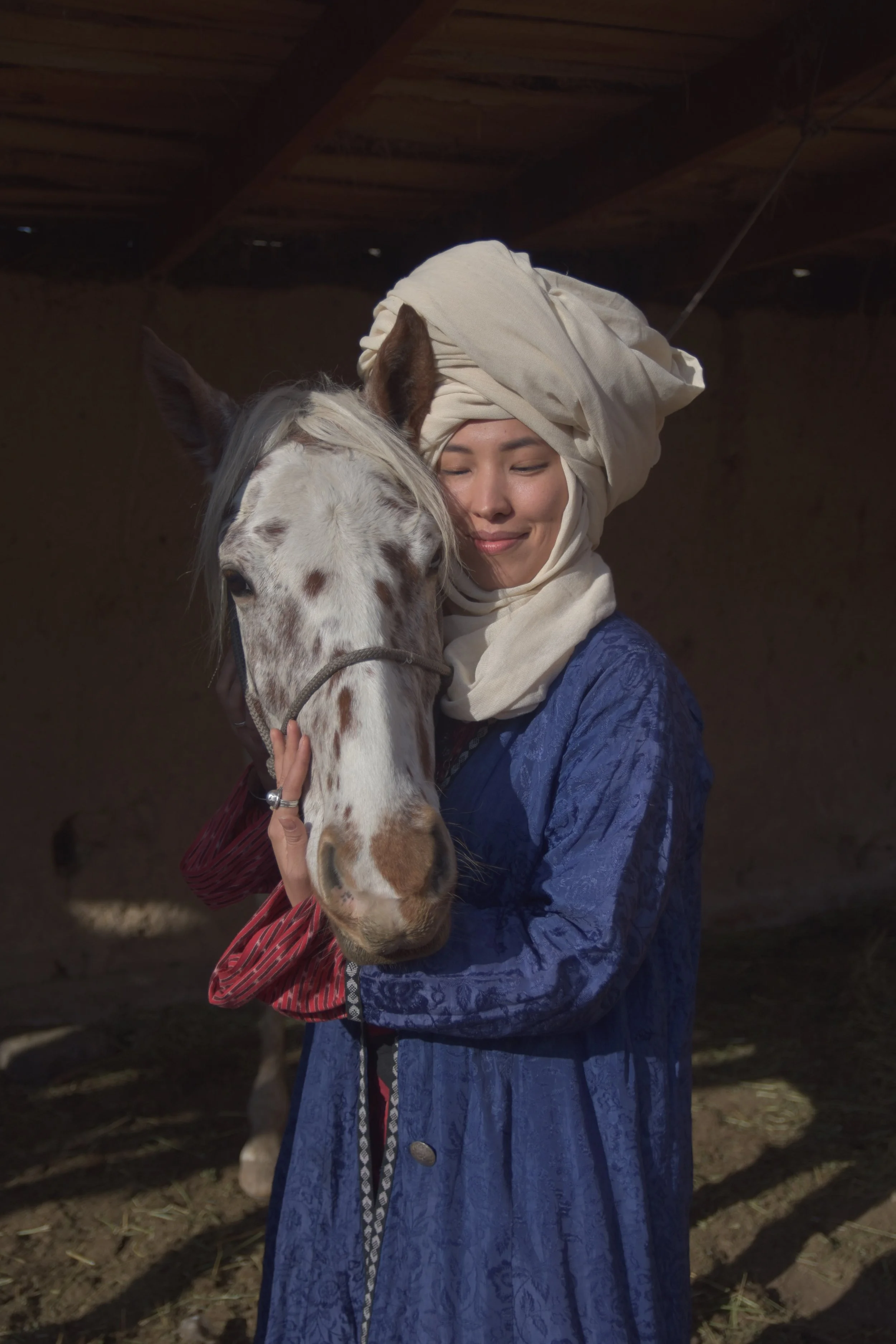 Une femme portant un foulard enlace un cheval Chaar tacheté à l'intérieur