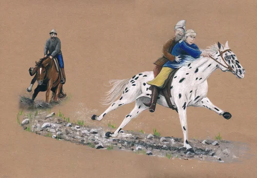 Marie Laure Fromenteil pastel: a rider on a white spotted horse racing ahead of another rider across stony ground