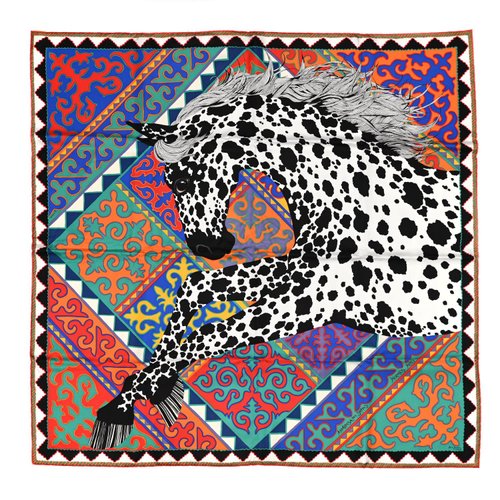 Alice Shirley's Hermès silk scarf: a leaping spotted horse framed by red, blue and orange Kyrgyz patterns