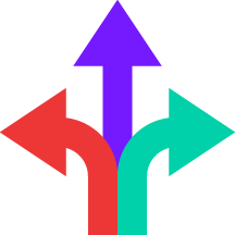 Grafisk ikon med tre pile, der peger i forskellige retninger: venstre, op og højre, i rød, lilla og blåt.