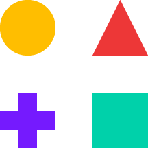 Fire geometriske former: en gul cirkel, en rød trekant, en lilla plus-tegn og en blå kvadrat.