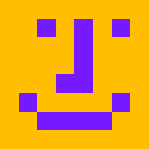 Et blåt, pixelart-ansigt med gult baggrund og simple ansigtstræk