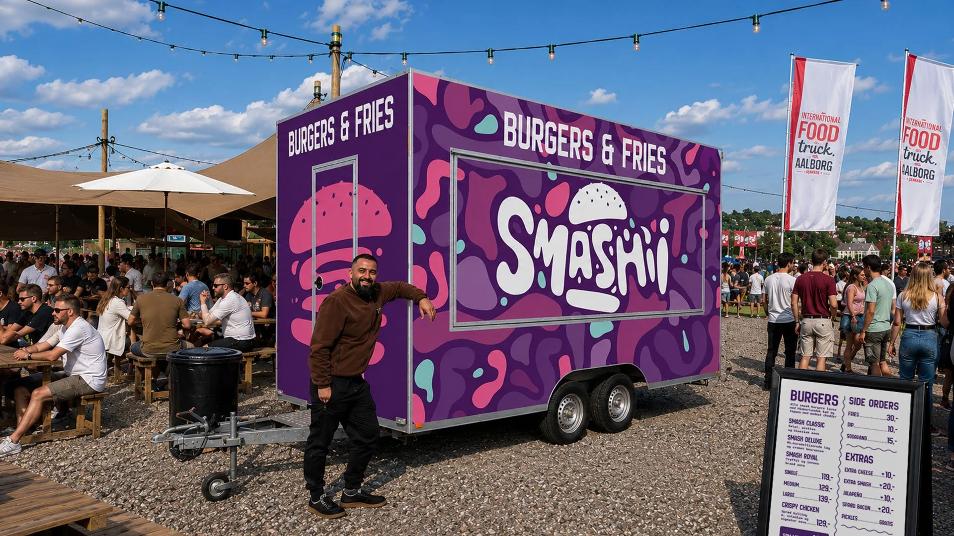 En gruppe mennesker sidder ved borde under en stor telt på en udendørs festival, med en food trailer mærket 'SMASHI' i forgrunden og en skærm med menu, blå himmel og skyer.
