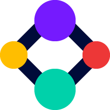 Fem farvede cirkler forbundet af blå linjer, arrangeret i en kvadratisk form.
