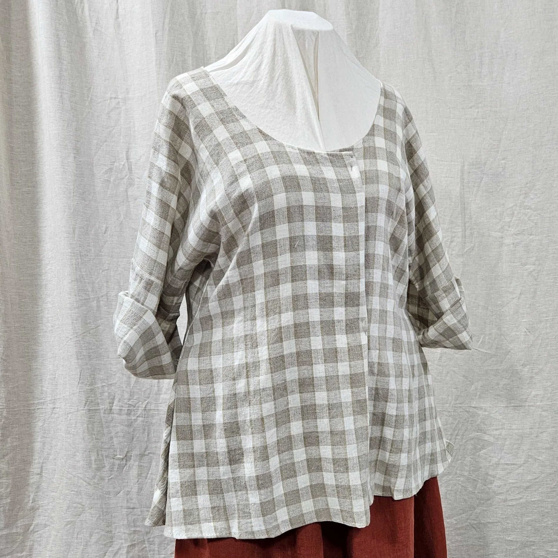 Cream/Natural Check Linen Shortgown-3XL