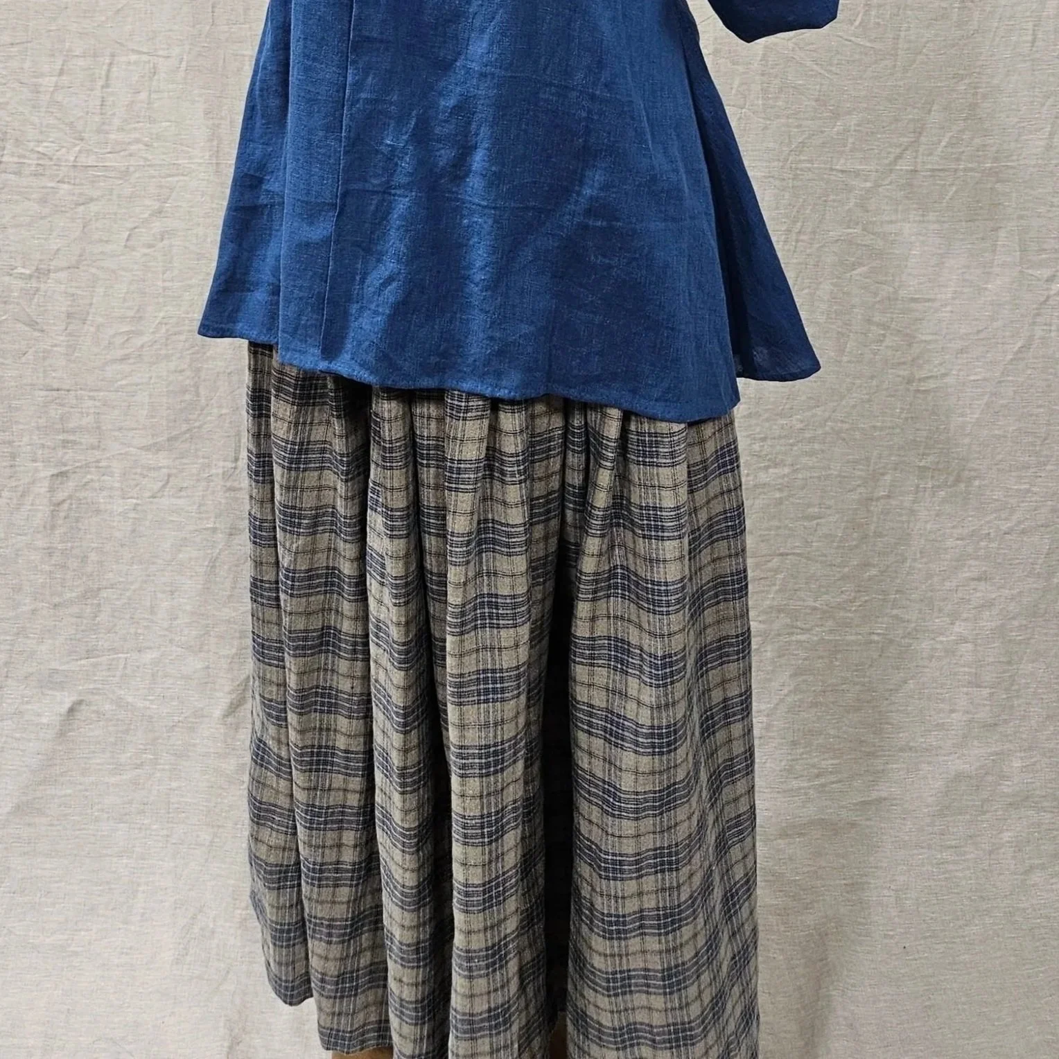 Natural/Blue Plaid Linen Petticoat-S