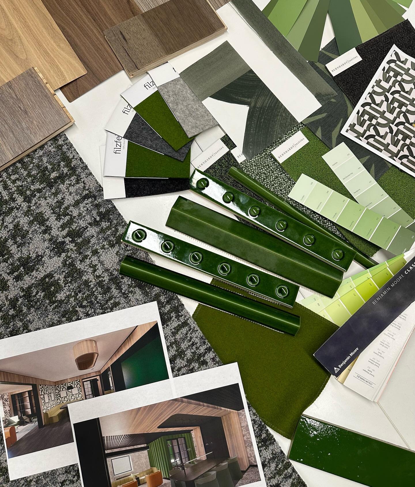 Work in Progress - making final finish selections for an amenity lounge and co-working studio. We&rsquo;re drawn to the stylish green pallet but also appreciate green&rsquo; symbolism of nature, growth, hope and o overall positivity. 

#methodarchite