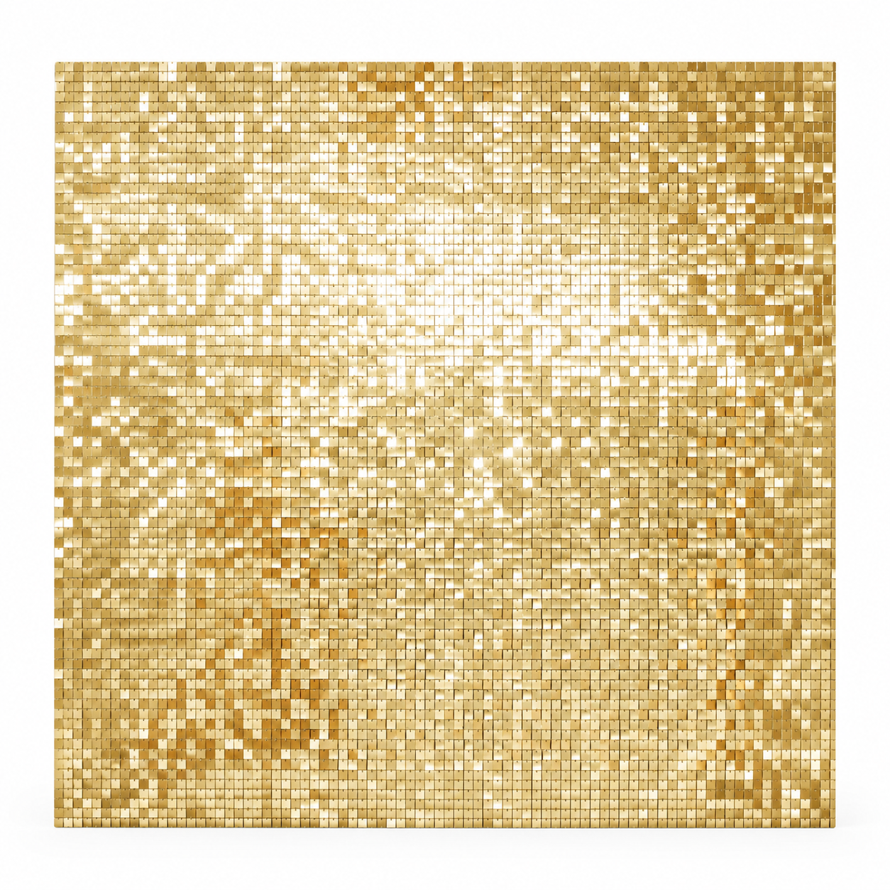 A large mosaic of tiny gold and white square tiles, creating a shimmering and reflective surface.