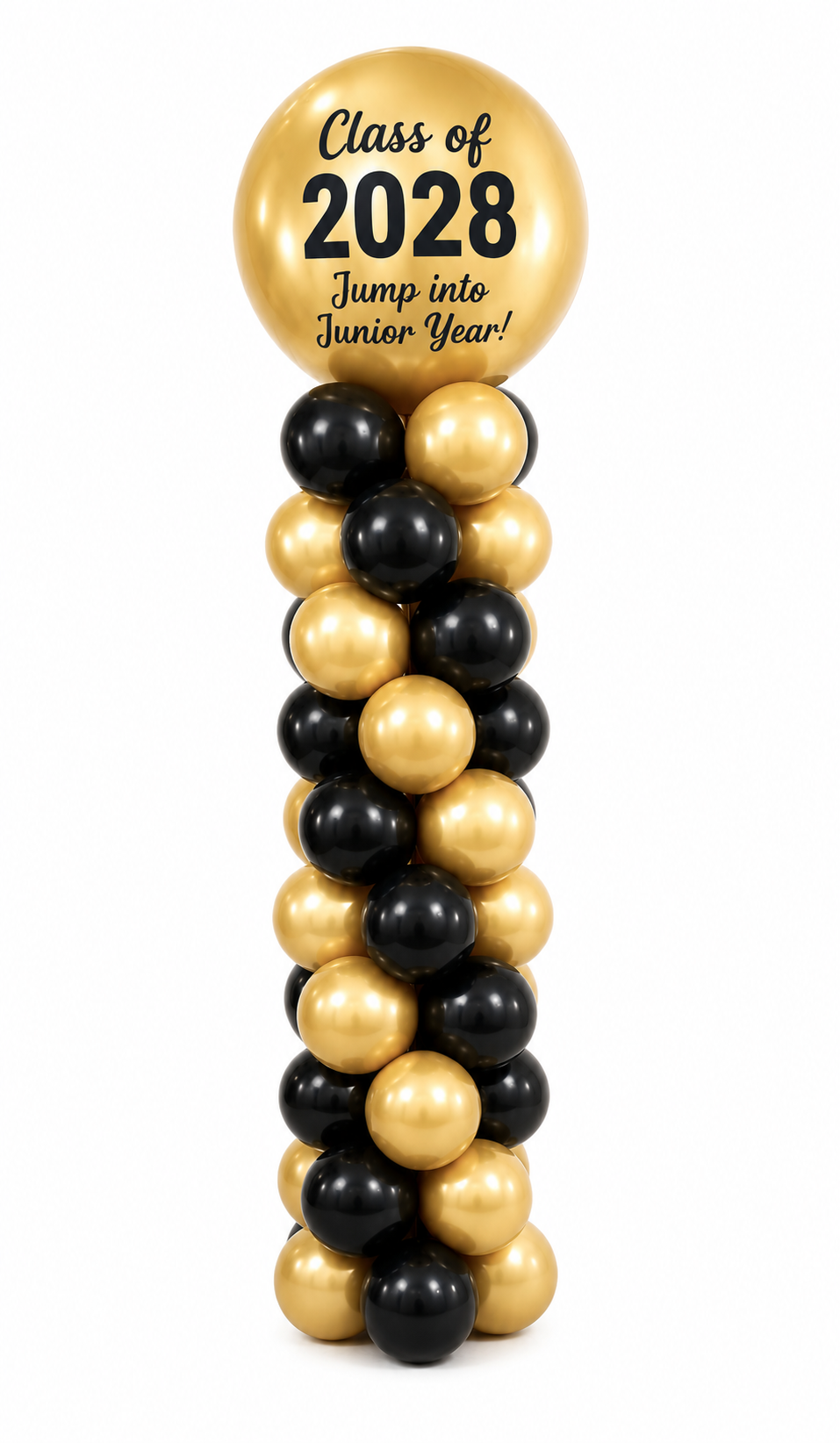 Classic graduation balloon column tower featuring black and gold balloons with a large gold and black balloon top custom text on vinyl decal. Custom  sticker for balloon.