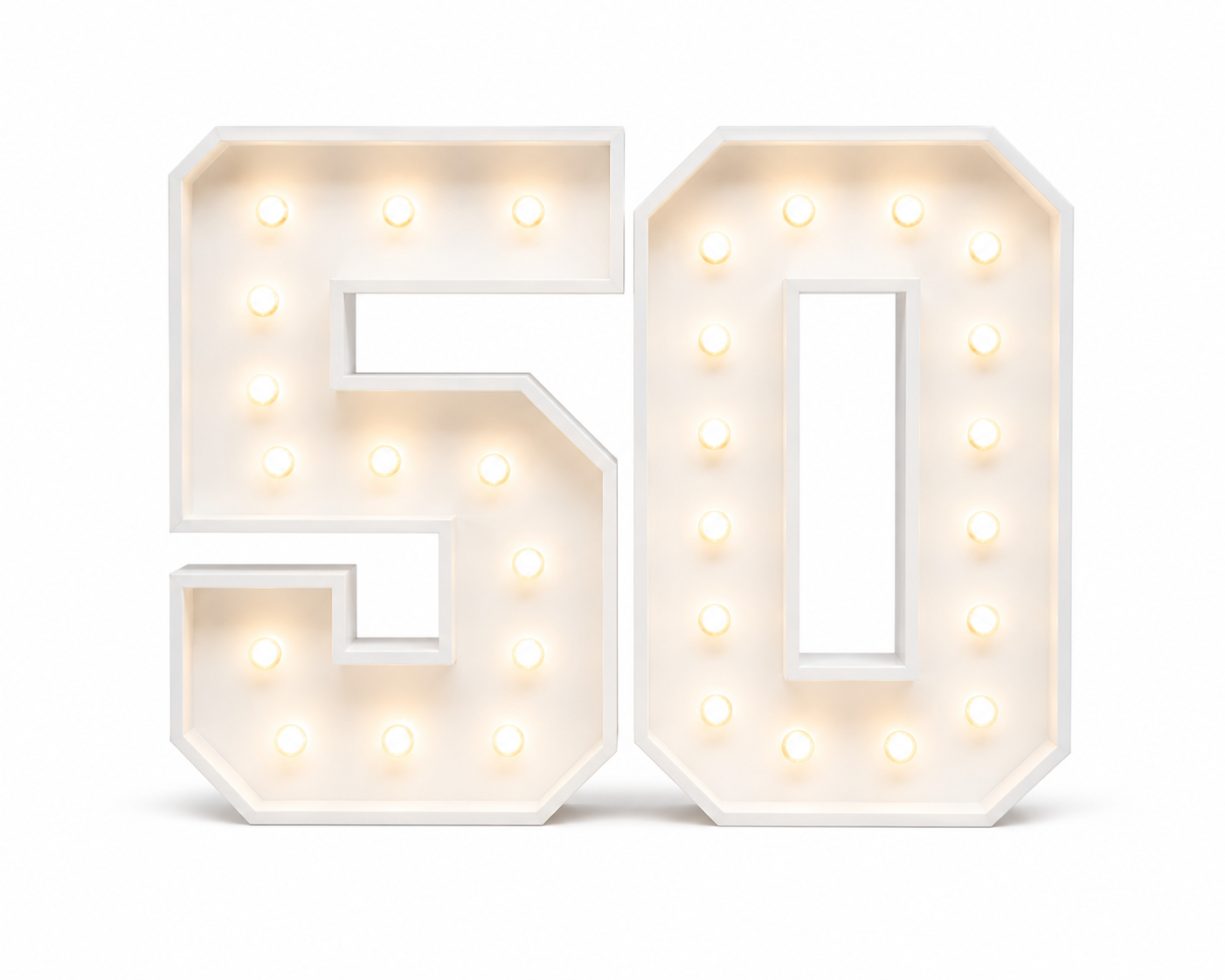White marquee light letters forming the number 50, illuminated with small round bulbs, on a white background.