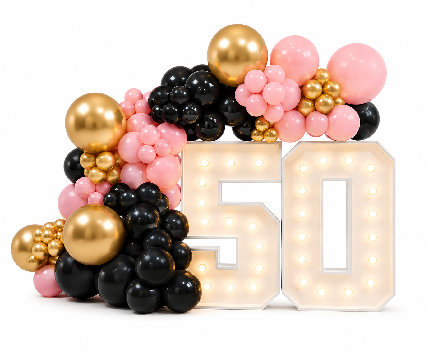 Marquee number 50 with balloons.