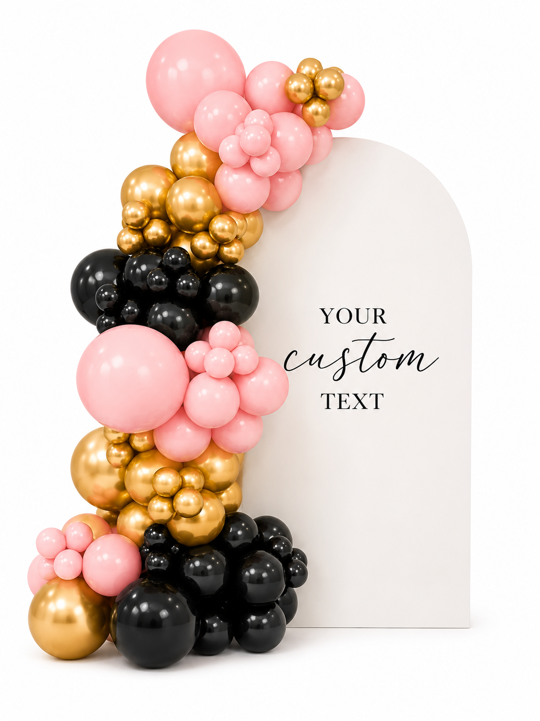 Arrangement of pink, gold, and black balloons surrounding a white event backdrop with space for custom text.