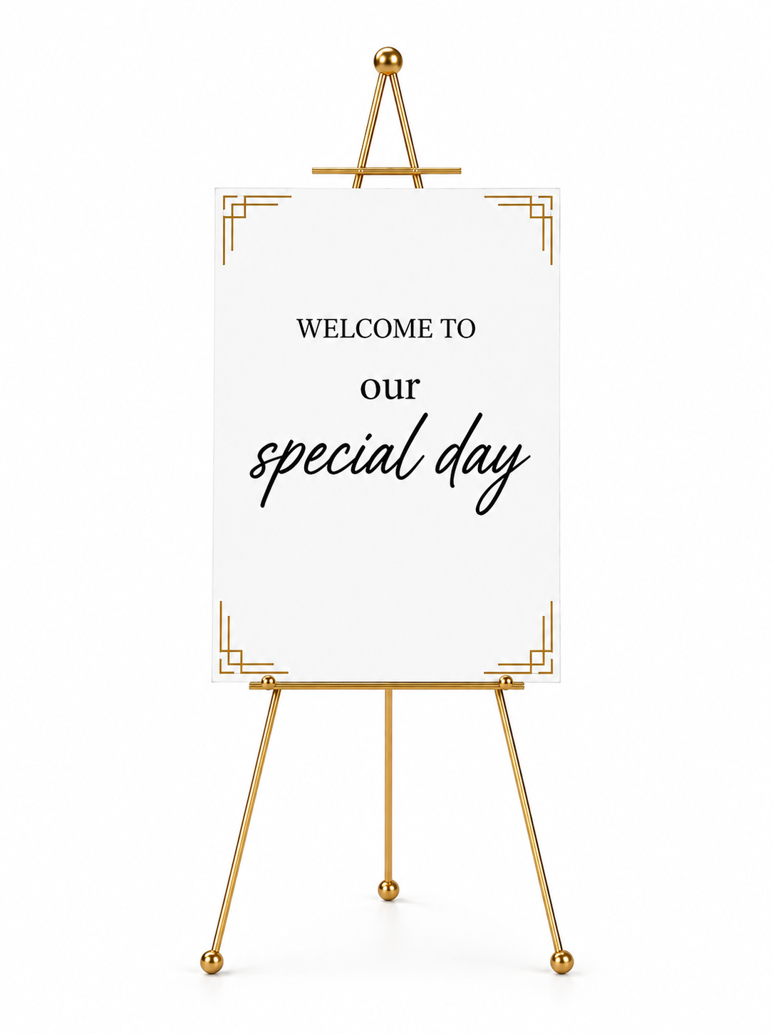 Custom welcome sign on acrylic board with gold easel rental.