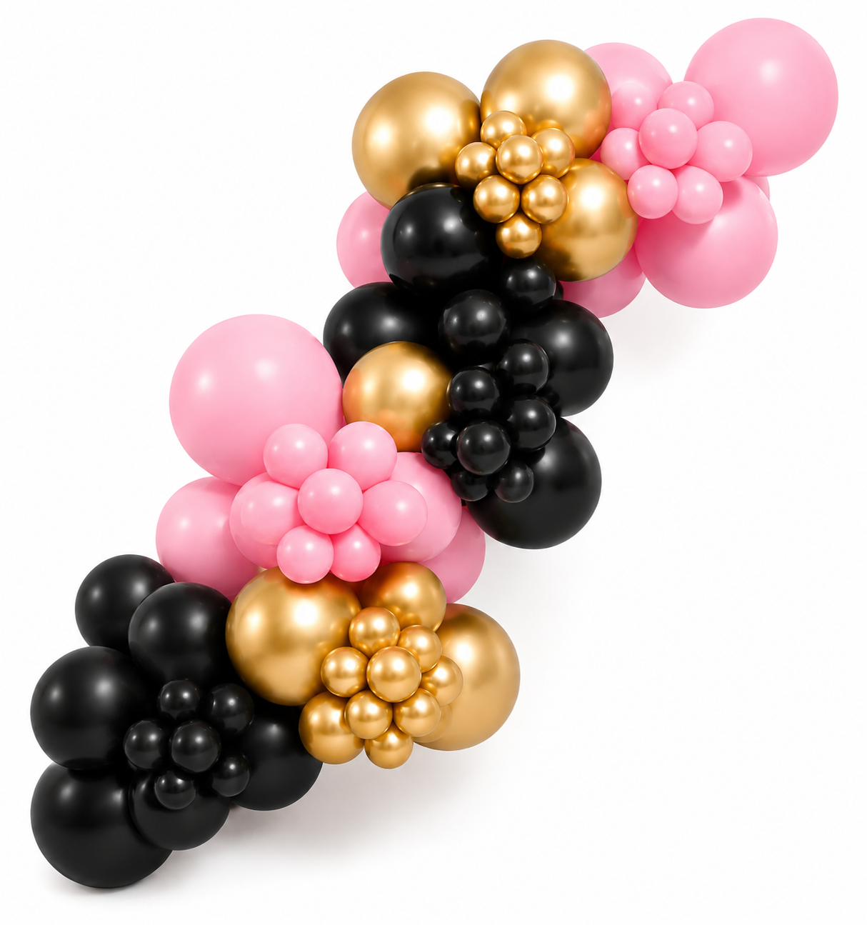 Grab and go balloon garland with pink, black, and gold balloons arranged as flowers and clusters against a white background.