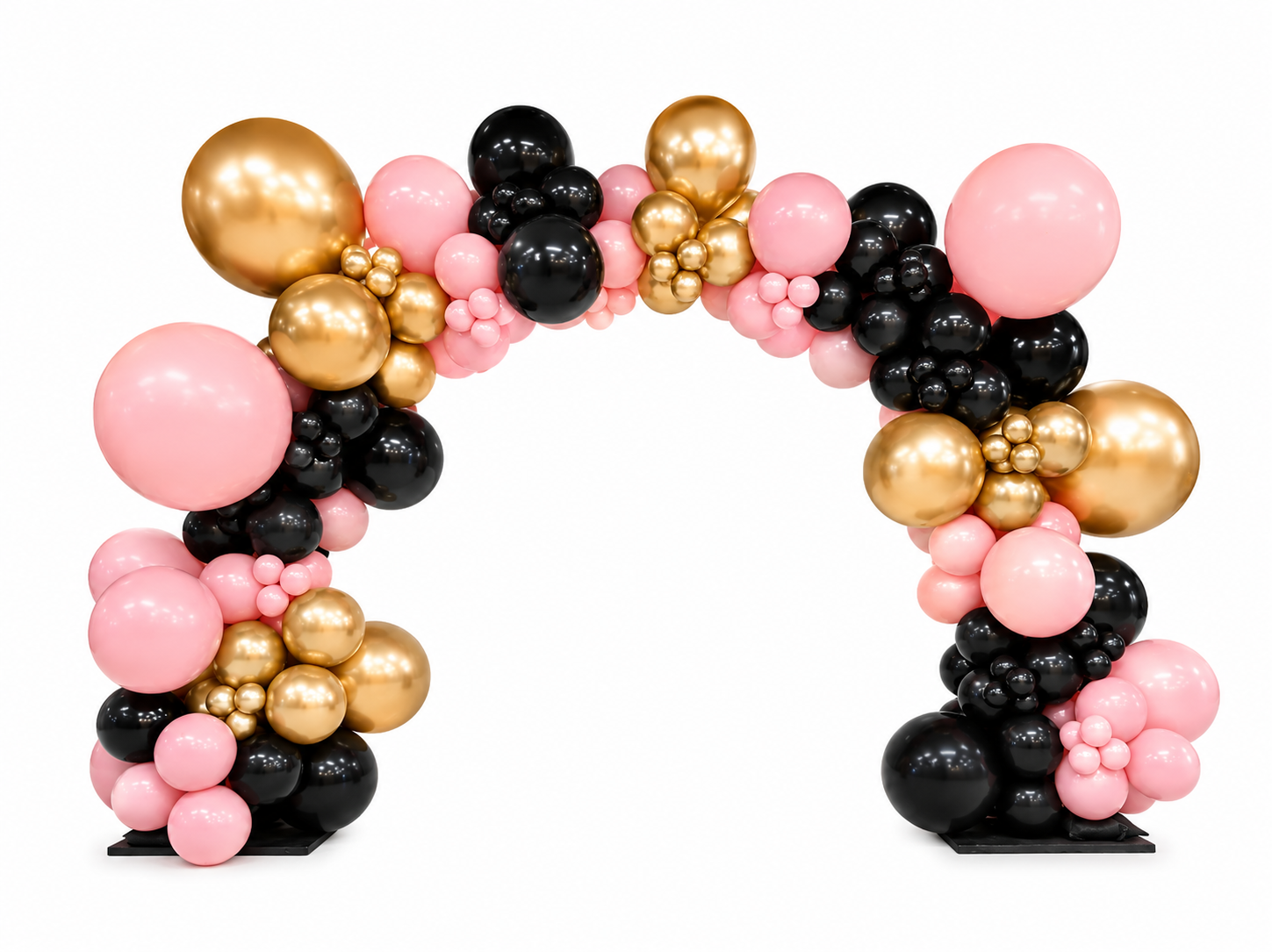 Organic Balloon arch with pink, black, and gold balloons against a white background.