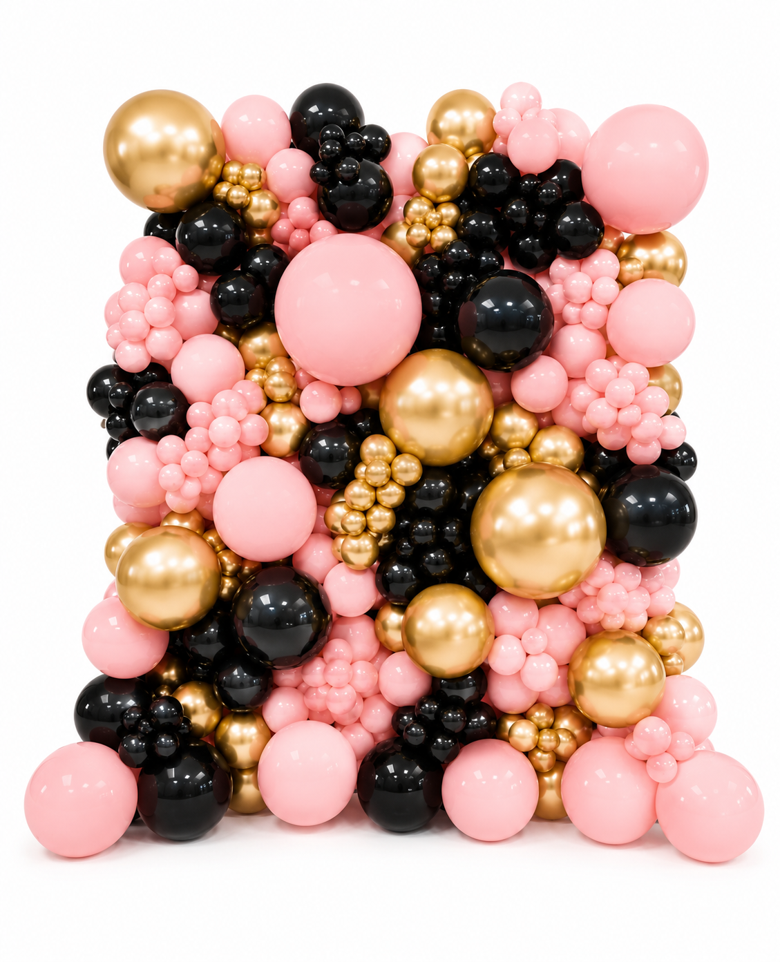 organic balloon wall featuring caviar clusters in pink, black, and gold balloons of varying sizes