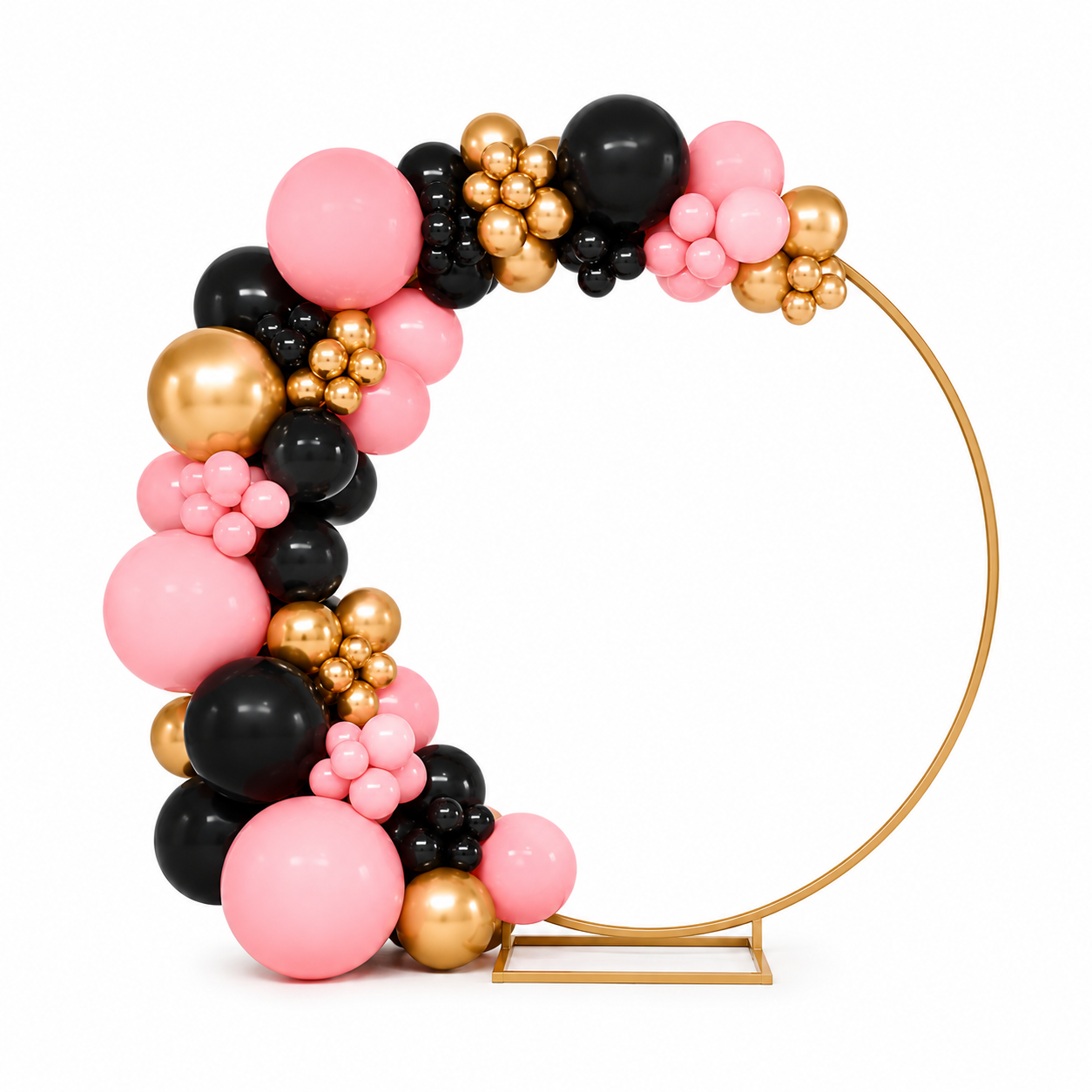 half hoop circle balloon backdrop with pink, black, and gold balloons on a gold metal stand.