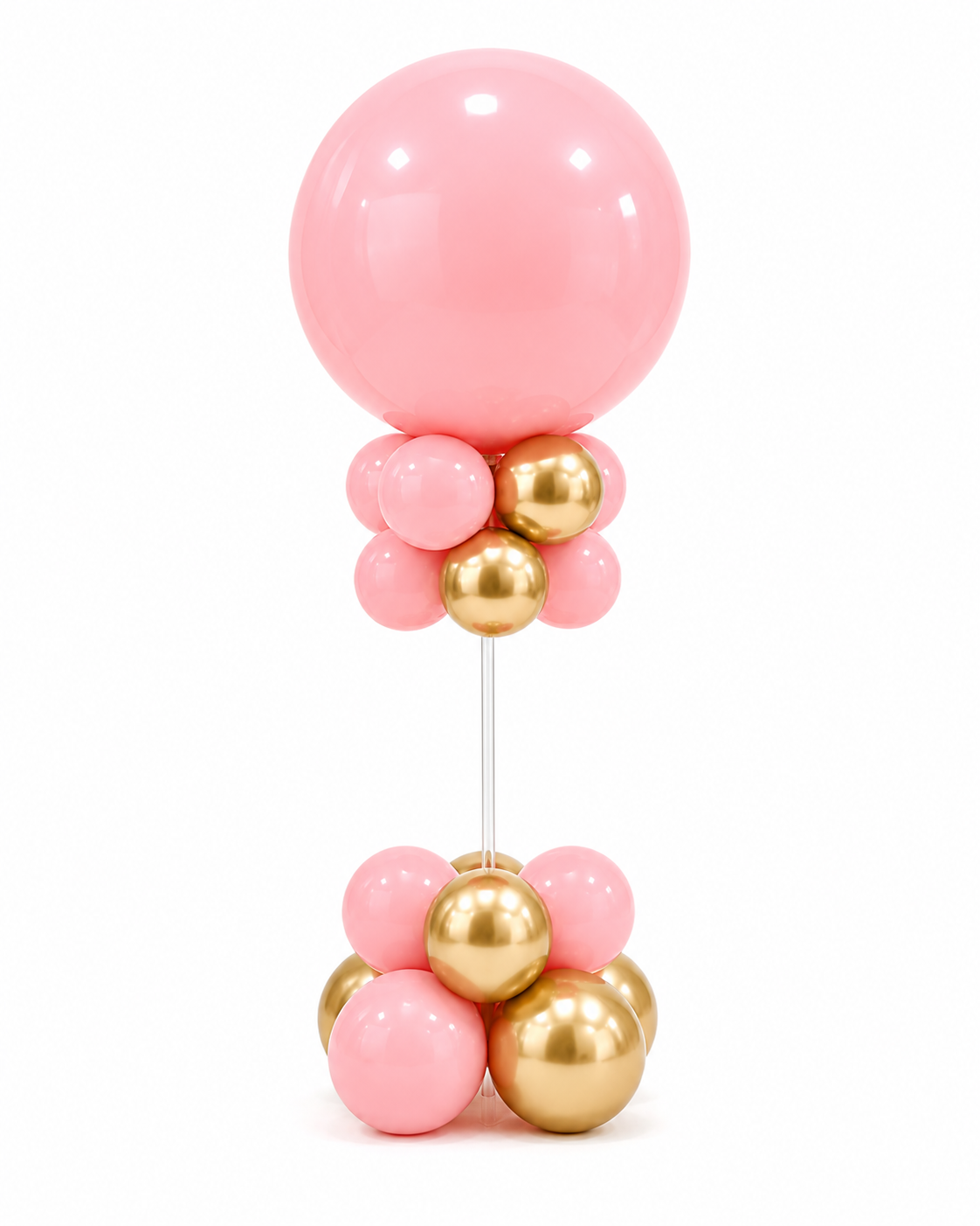 balloon table centerpiece in gold white and pink