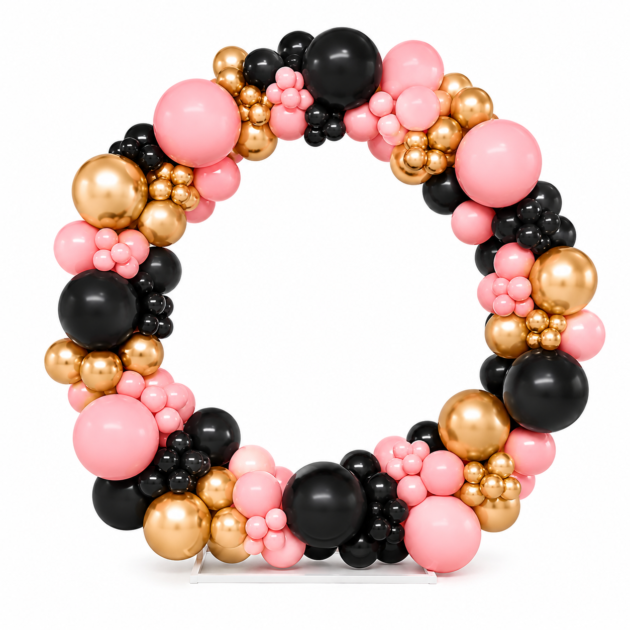 Balloon arrangement in number 0 shape with pink, black, and gold balloons on a white background.