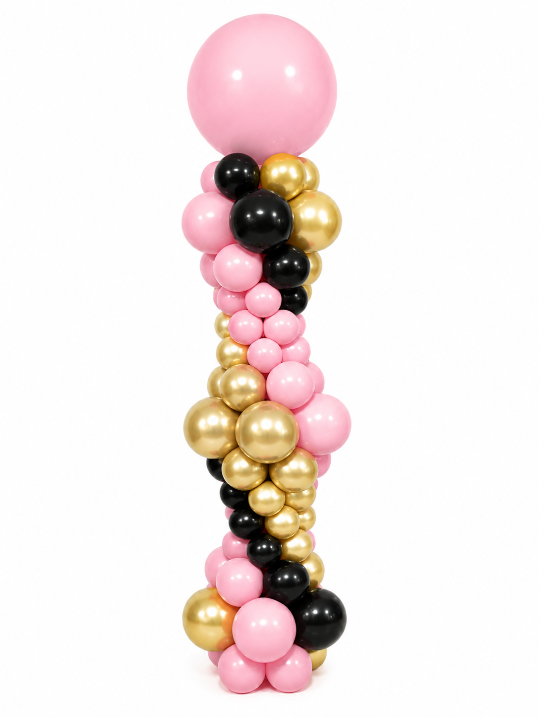 Bubble balloon column in gold black and pink balloons.