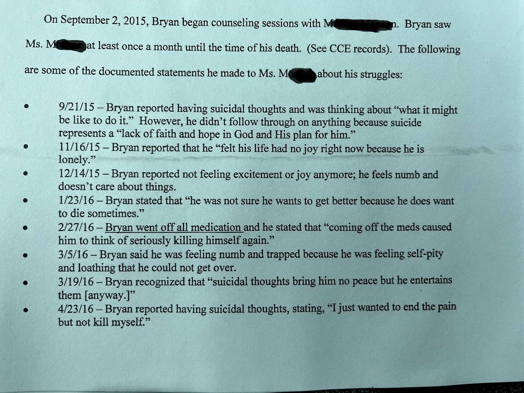 A printed document showing counseling statements and struggles of Bryan, including dates and emotional states, with some words blacked out for privacy.