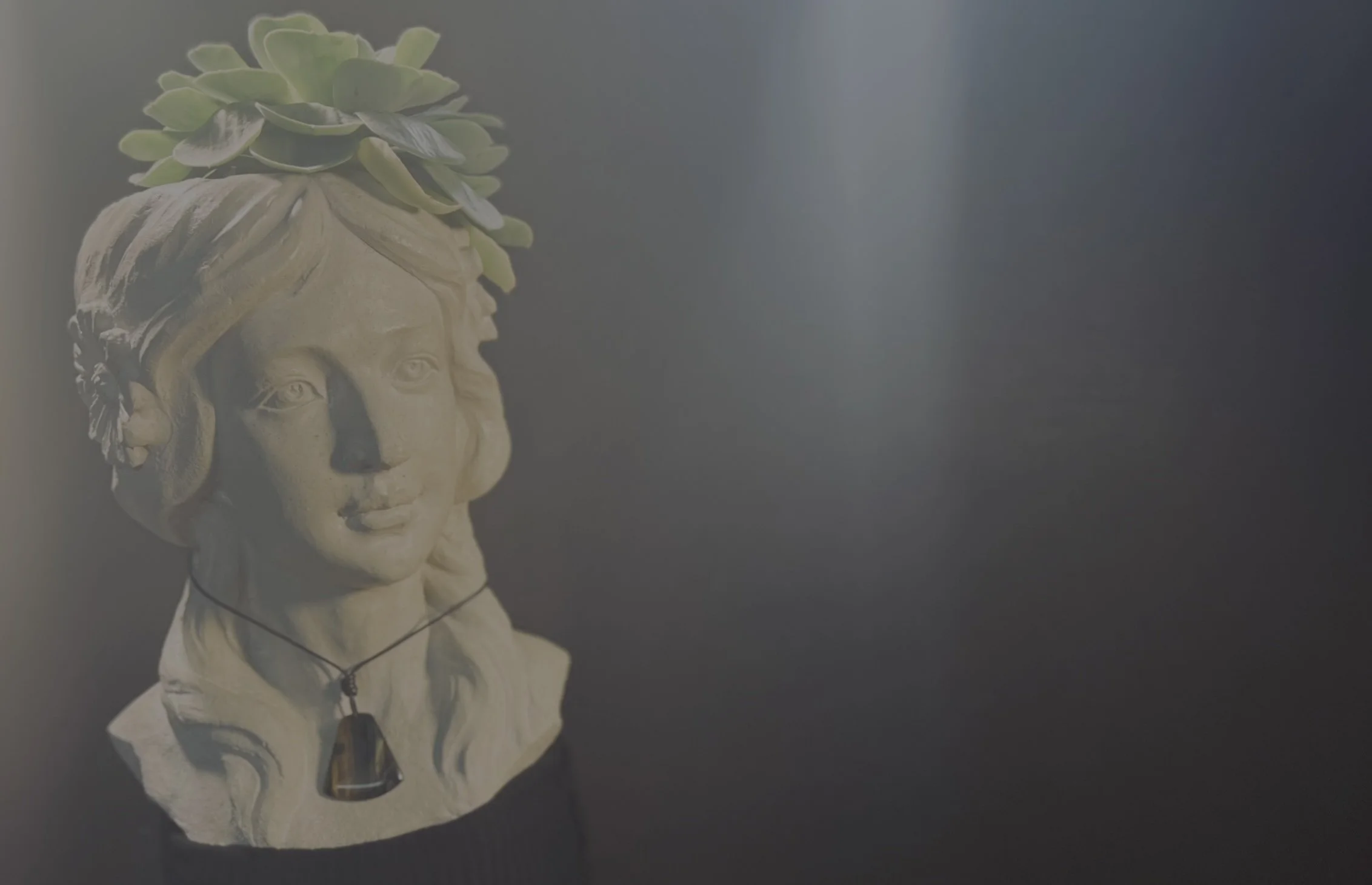 Bust of a woman with a plant on her head, wearing a necklace with a black pendant, against a dark background with a light streak.