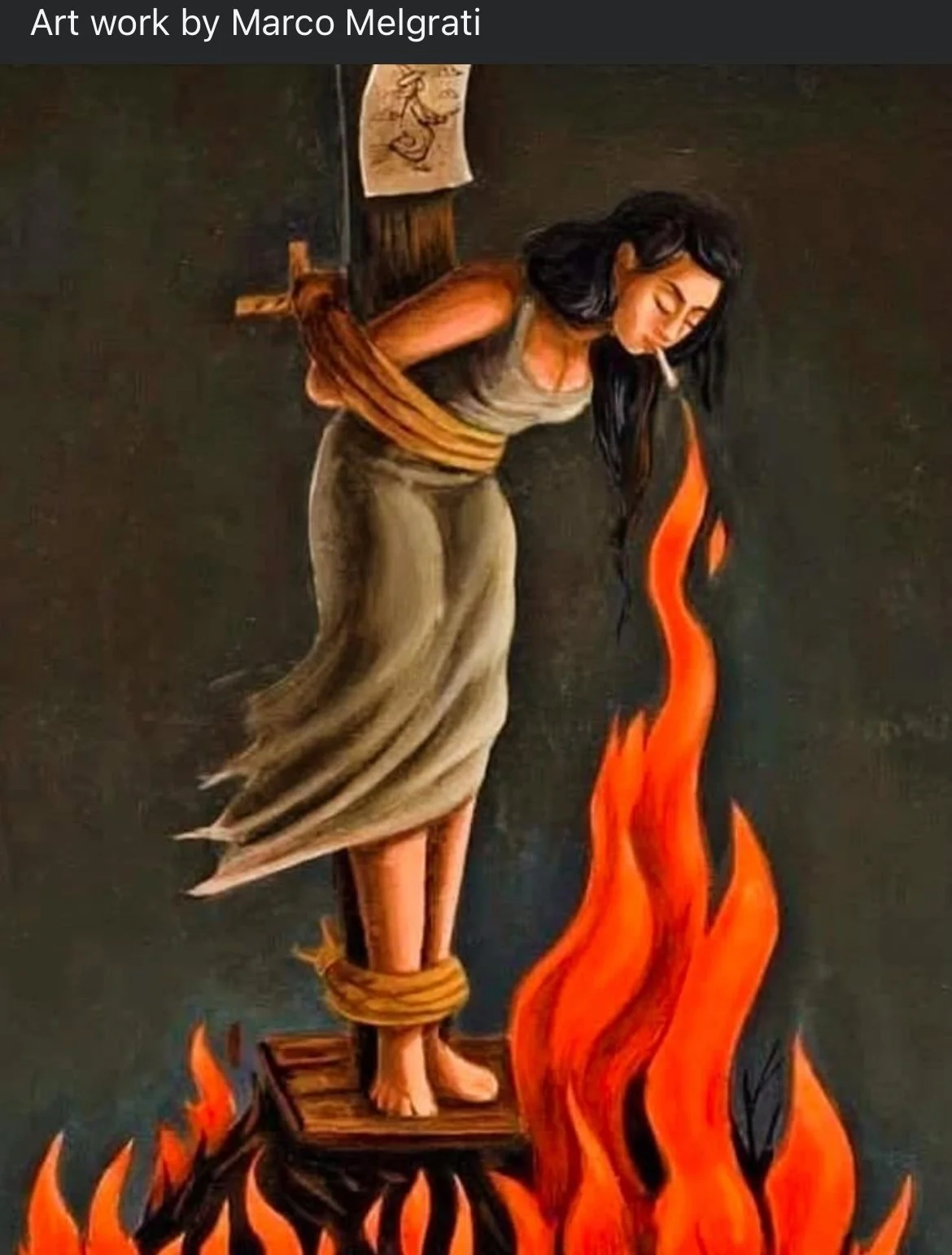 A painting of a woman with long black hair, dressed in a gray top and pants, tied with rope around her waist and ankles, standing on a wooden platform above flames. She has a lit cigarette in her mouth and appears to be bending forward. The background is dark and includes a small sketch of a dragon.