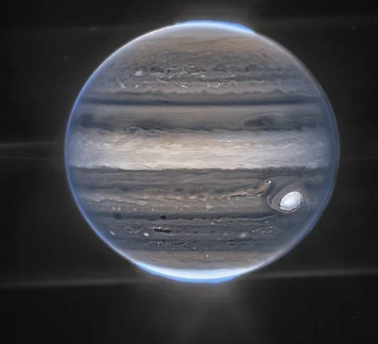 A digitally created image of the planet Jupiter, showing its swirling clouds and the Great Red Spot with a glow around the planet's edge.