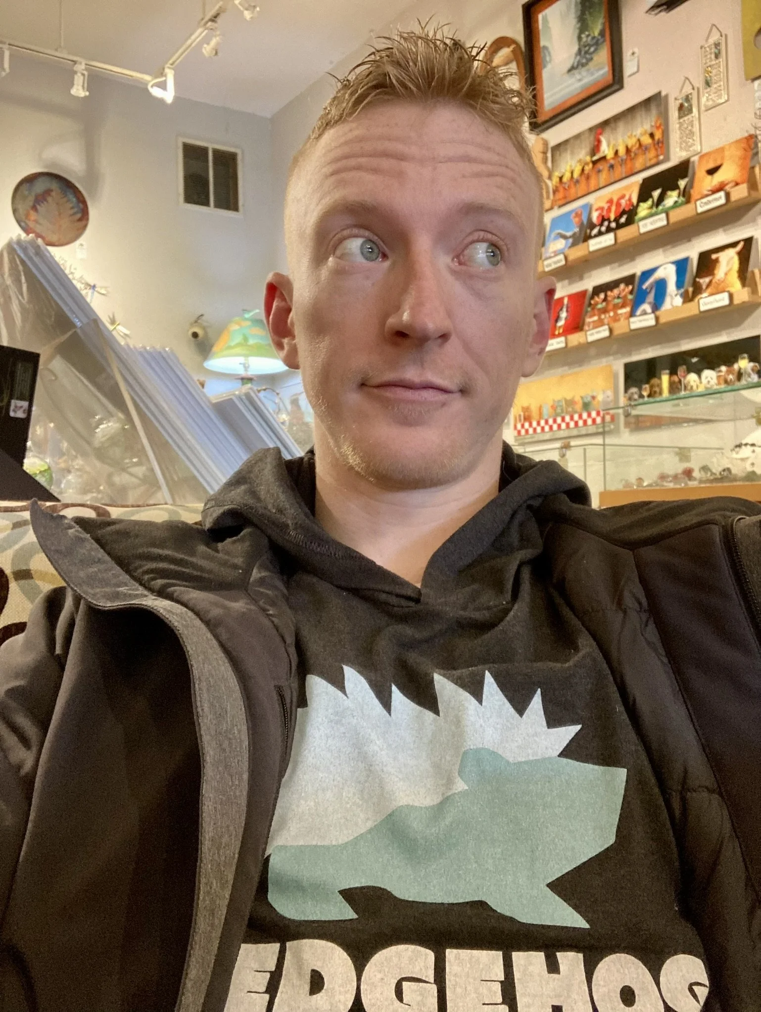A young man with short, spiked blond hair and blue eyes looking to the side, sitting in a store with artwork and collectibles on the walls behind him.