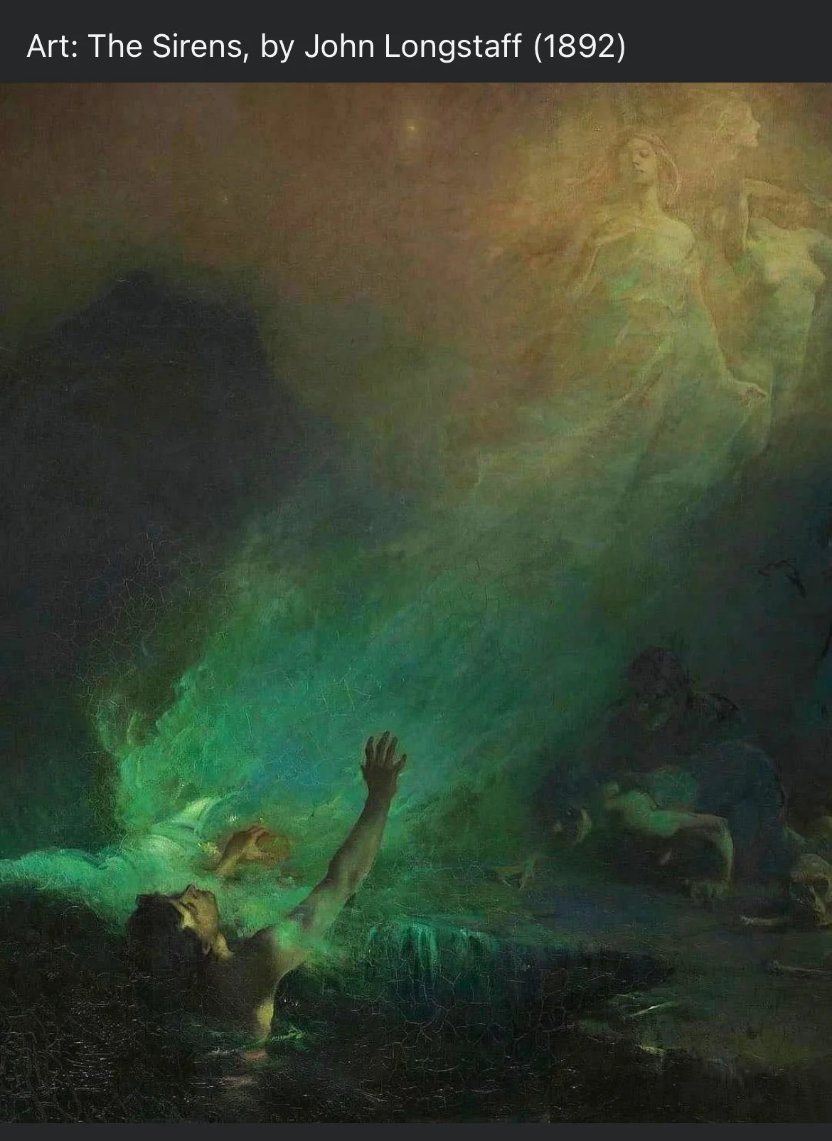 A dark, dramatic painting titled 'The Sirens' by John Longstaff from 1892, depicting a mythical scene with ethereal, glowing siren figures in the sky and several distressed sailors in the turbulent sea, with greenish and earthy tones.