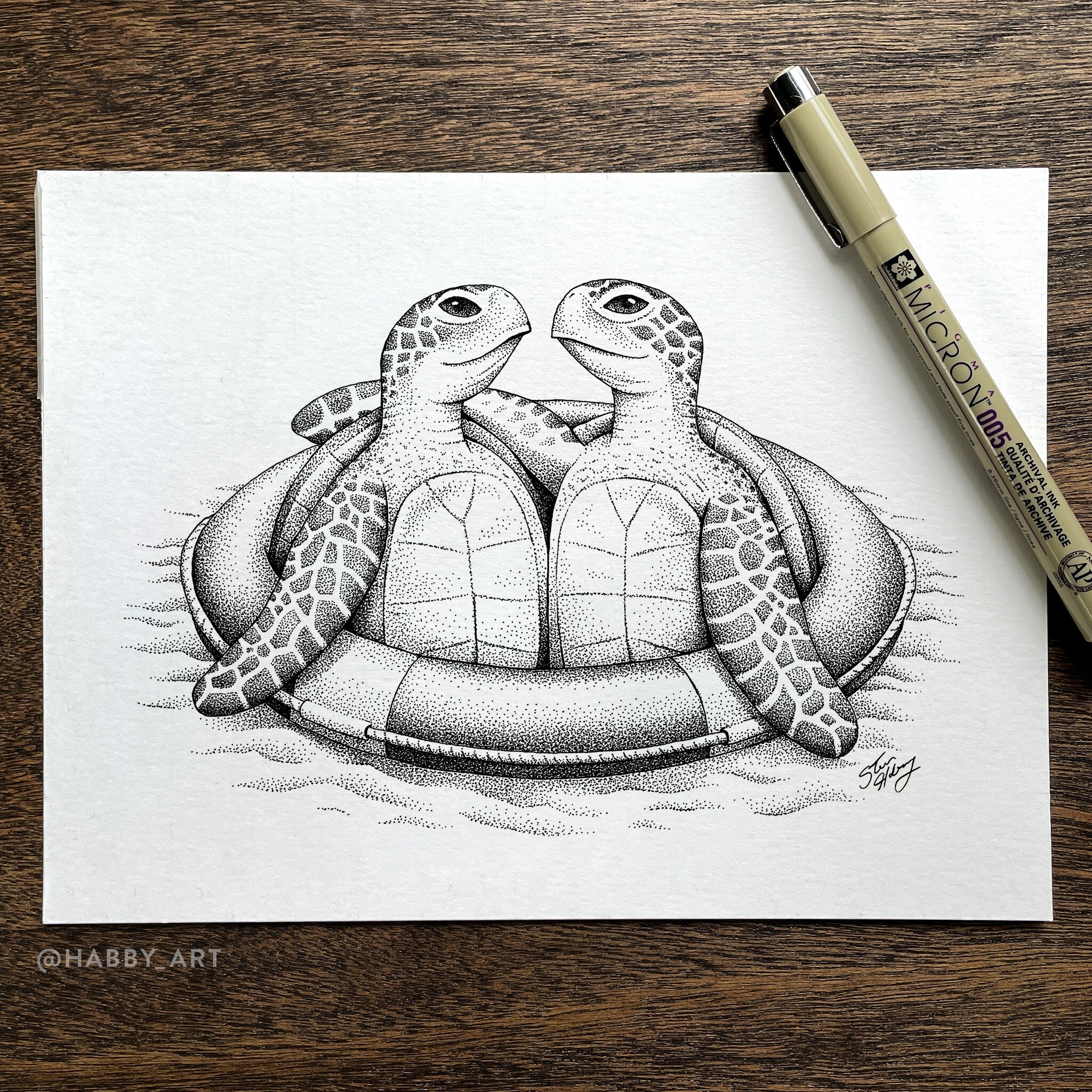 Finished ink drawing for a lovely couple who met while saving sea turtles. I personally have been wanting to draw sea turtles for some time now after bumping into them while surfing in Hawaii. They were so friendly and would swim right up to you! 🐢?