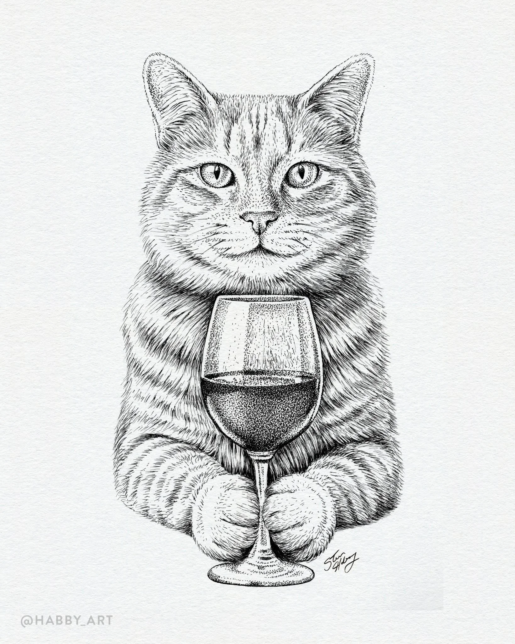 Inktober 11: &ldquo;Drink&rdquo; &bull; 😸 Cabernet Cat 🍷 &bull; Swipe to see some process photos of this one. Finished just in time today!
.
.
.

#inktober #inktober2025 #inktober52 #drawing #draw #draweveryday #creative #illustration #blackandwhit