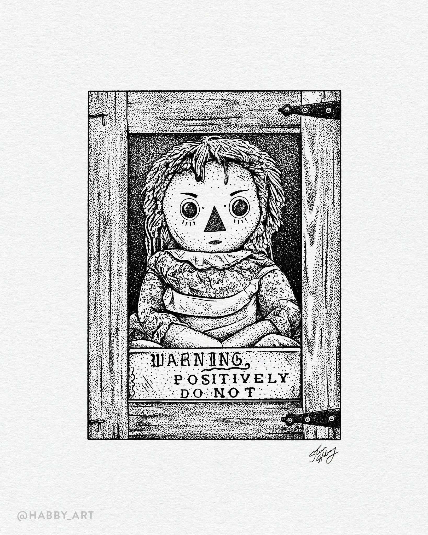 Inktober 15 &ldquo;Ragged&rdquo; &bull; Did you know Annabelle was really just a Raggedy Ann Doll? Not quite as scary as the movie, but still creeps me out. Heed the warning on the box, she's especially grumpy today. 😬
.
.
.

#inktober #inktober2025