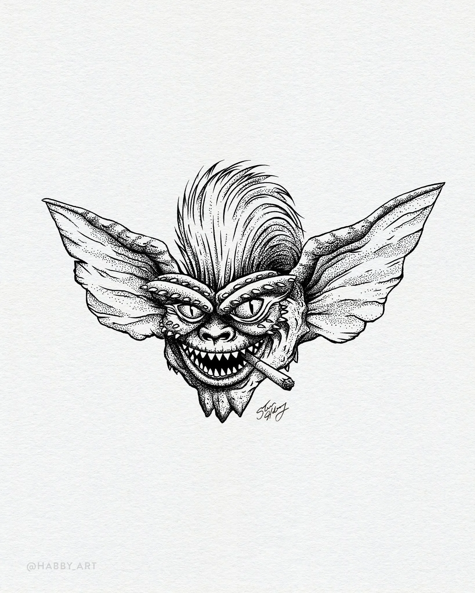 Inktober 24: “Rowdy” • You had three simple rules: Do not get it wet, keep it away from bright lights and sunlight, and never, under any circumstances, feed it after midnight. 
#inktober #inktober2025 #inktoberrowdy #stippling #draw