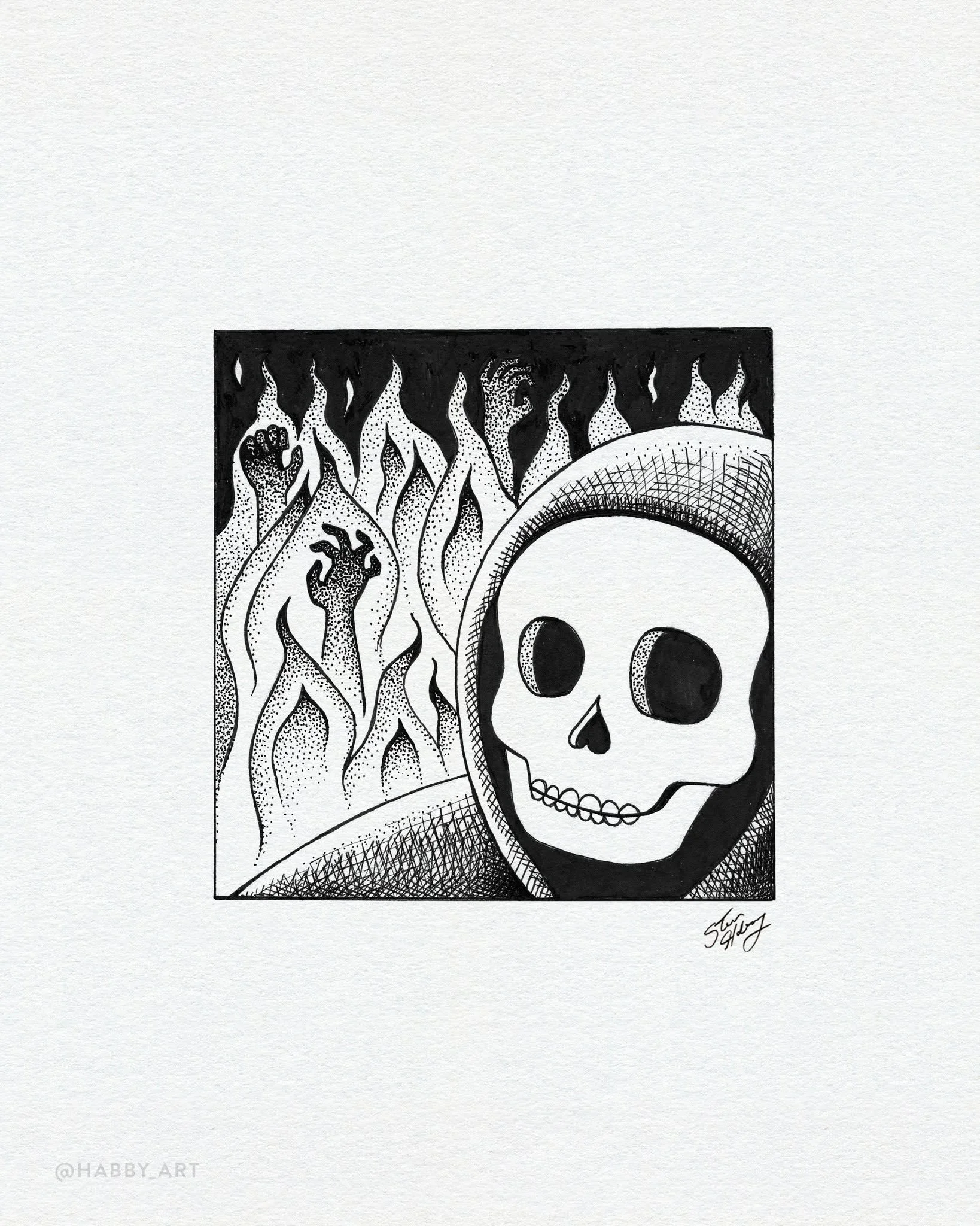 Inktober 25: “Inferno” • A quick selfie from Grim's vacation in Hell. The weather was hot, but he made the most of it. π₯ππ₯
.
.
.
#inktober #inktober2025 #inktoberinferno #drawing #draw #draweveryday #creative #illustration #black
