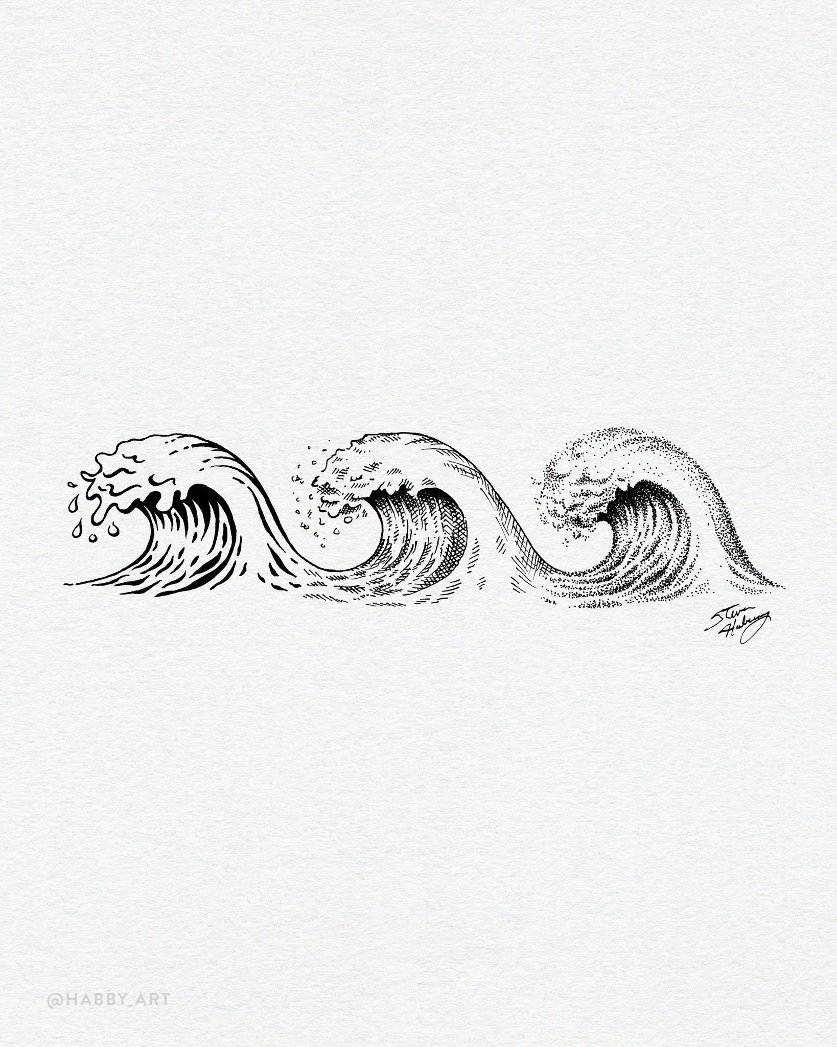 Inktober 29: “Lesson” • An exploration of three inking styles. The third wave using stippling is my favorite technique to use, but I'm growing fond of the others. This Inktober, I've been trying a variety of inking techniques. Hope y