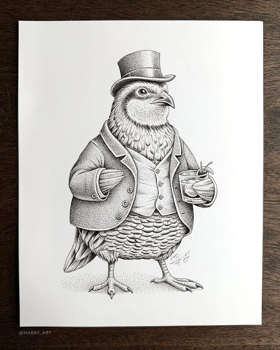 Hey folks, I'm still alive and drawing! Will be posting some new art soon&mdash;and looking forward to art show season. In the meantime, here's an ink drawing I did of an old fashioned quail holding an old fashioned drink for the Quail and Ale Pub in