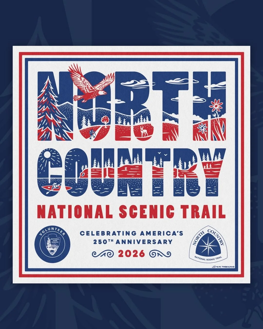 Excited to share this year's bandana design for the North Country Scenic Trail! 🇺🇸

The patriotic theme celebrates America's 250th Anniversary, with the letters filled with stylized landscapes inspired by the trail's 4,800-mile journey across eight