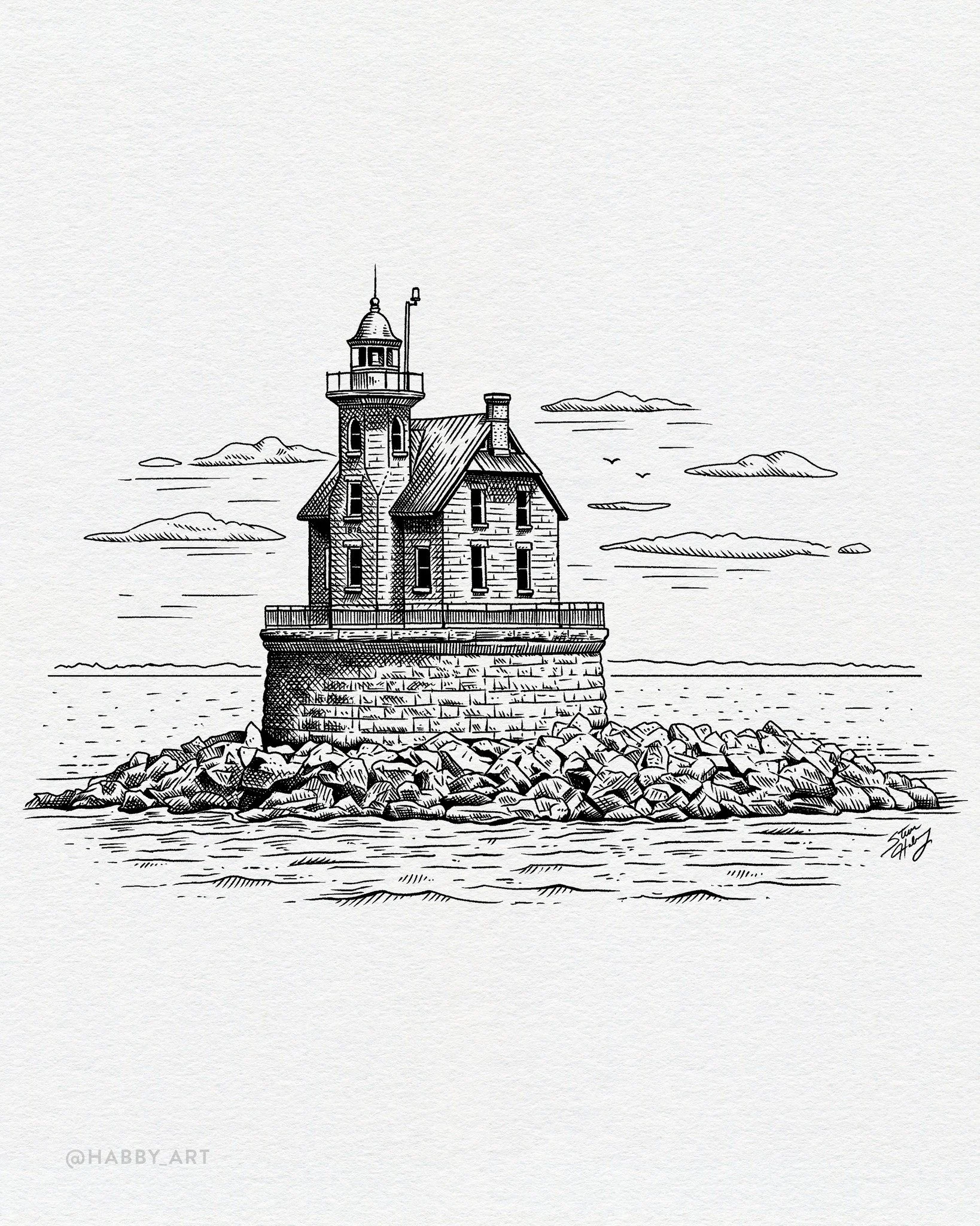 Inktober 22: &ldquo;Beacon&rdquo; &bull; Race Rock Light

Fun Fact: This little lighthouse, built in 1878, sits in the middle of Long Island Sound southwest of Fishers Island and is thought to be haunted by the ghosts of shipwreck victims or past kee