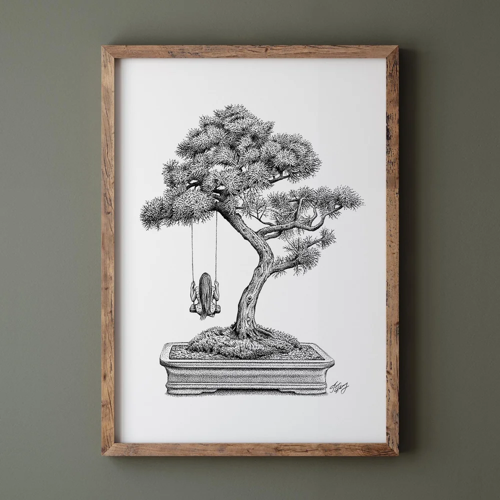 Girl Swinging on Bonsai Art Print  Habby Art - Whimsical Ink Drawings by  Steve Habersang