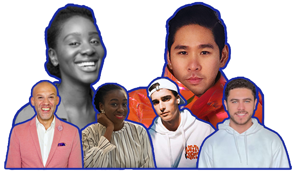 Collage of seven diverse people smiling and posing for the camera, with some faces outlined in blue.