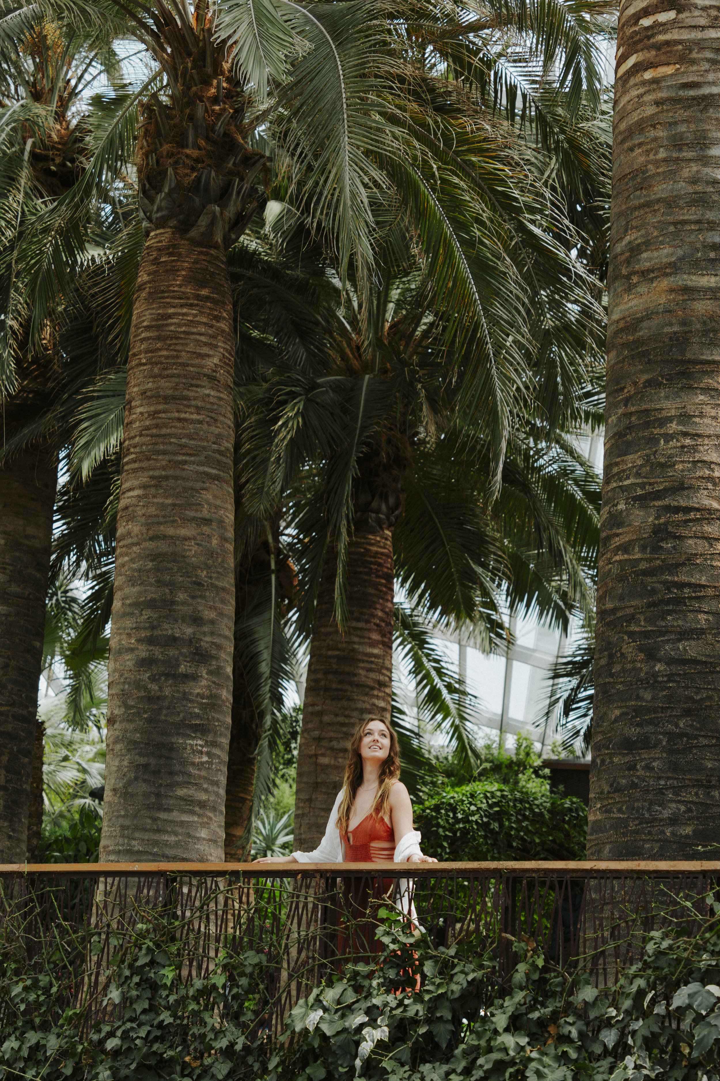 A woman in a red dress standing in a tropical garden surrounded by tall palm trees.