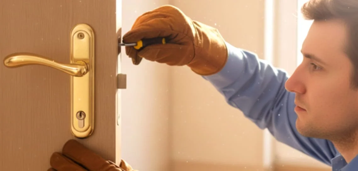 National Lock & Key locksmith installing a front door lock