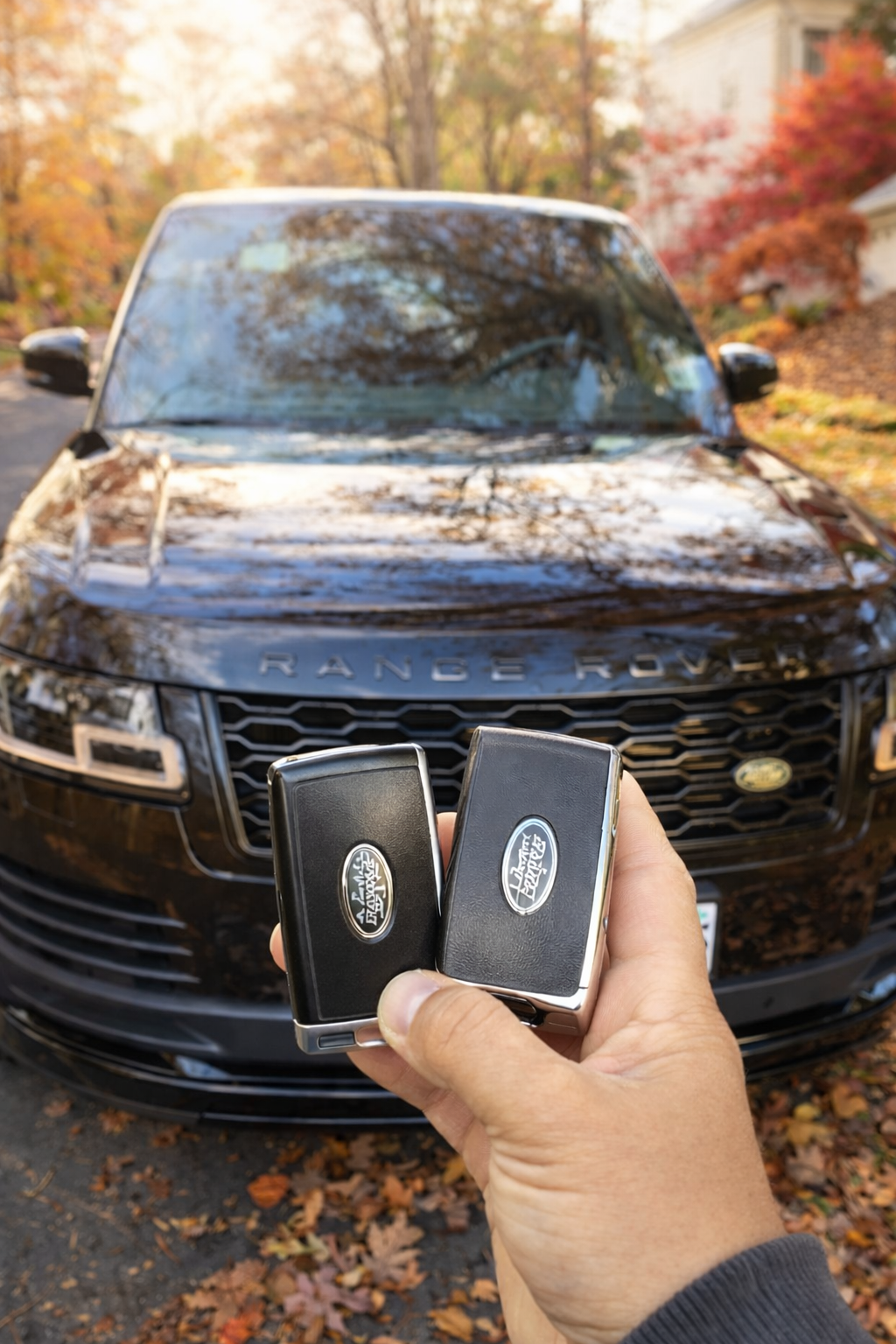 A locksmith sitting in the driver's seat of a car, programming a car key fob, with the side and front of the car visible.
