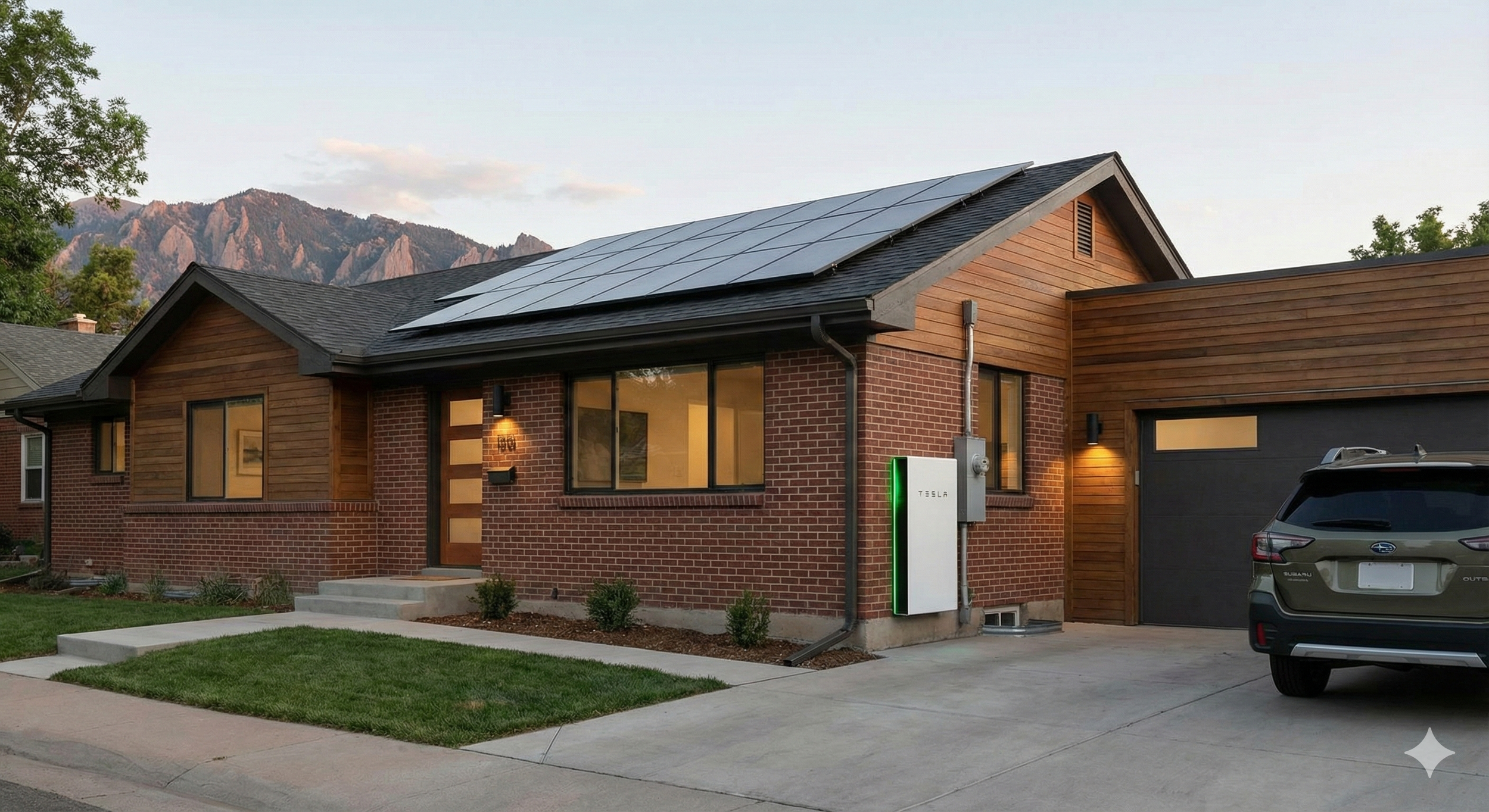 Modern house with brick and wood exterior, solar panels on roof, Tesla charger, parked SUV, well-maintained lawn, and mountain backdrop.